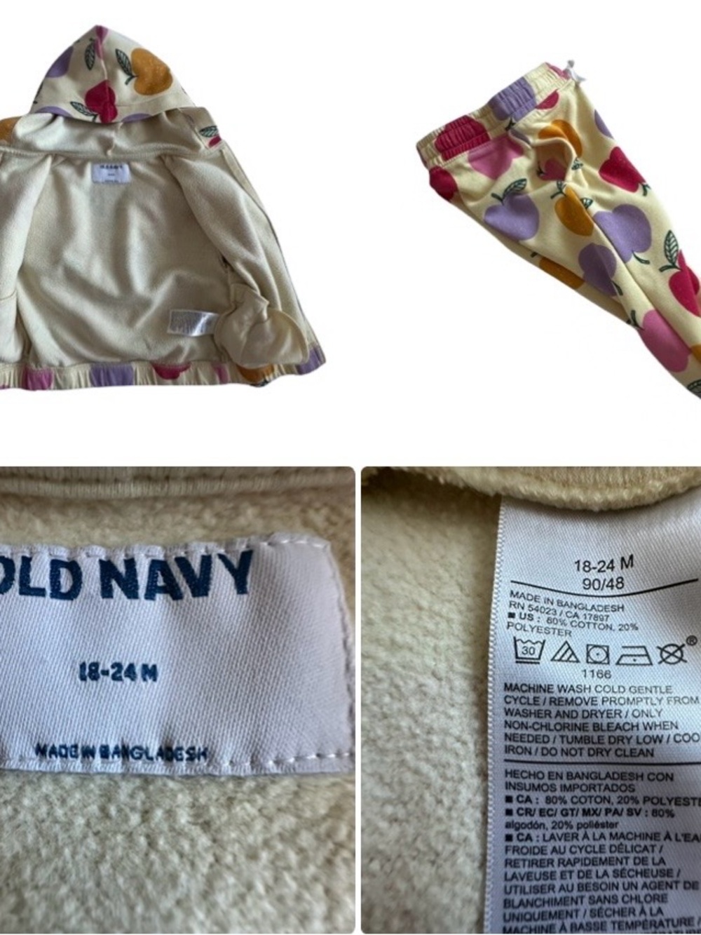 Old Navy Baby Girl 18-24M Cream Hoodie & Joggers Set with Apple Multicolor Print - Picture 10 of 14